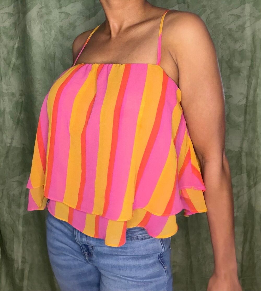 Vibrant Pink and Orange Buddy Love Striped Spaghetti Strap Crop Top